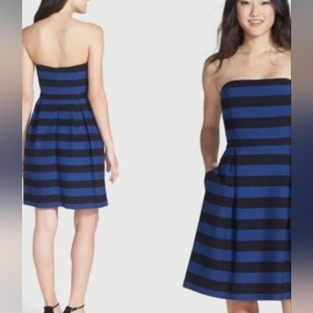 Trina Turk Black and Blue Striped Strapless Dress Size 8